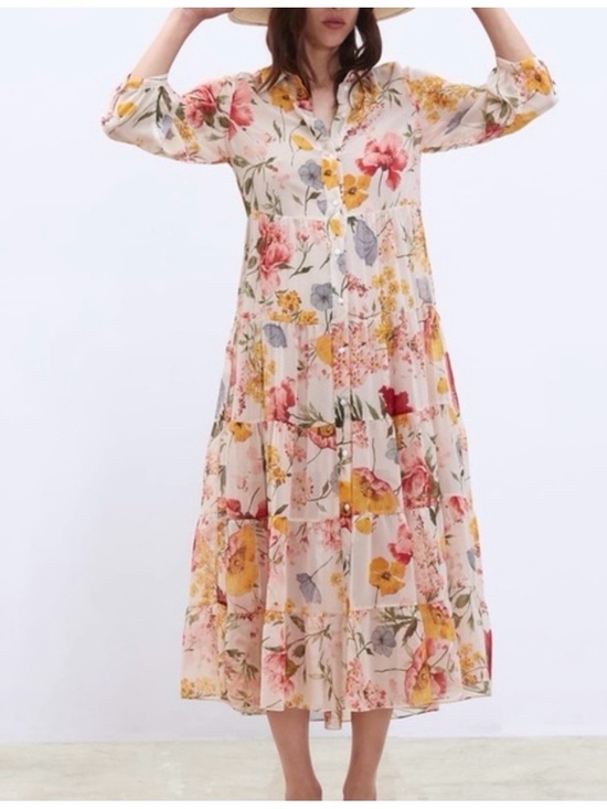 Zara Dresses & Skirts - Zara Cream Floral Tiered Button-Front Midi Dress with Pink and Yellow Blooms